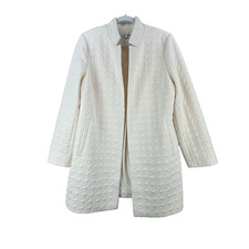 Chicos Womens Open Front Long Jacket SZ L Ivory Solid Houndstooth Textured Lined