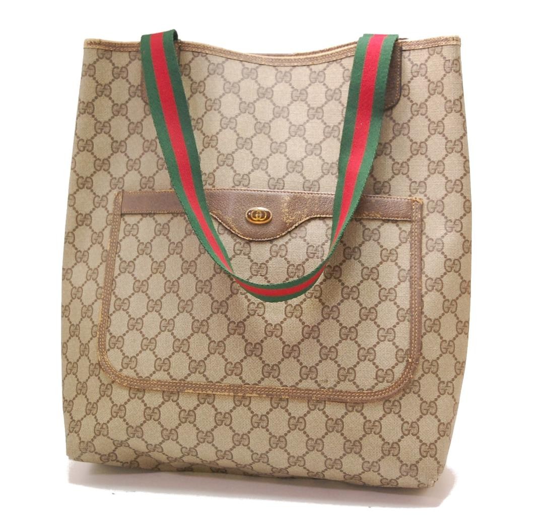 GUCCI GG Sherry Line Shoulder Tote Bag in Brown PVC Leather 0721a