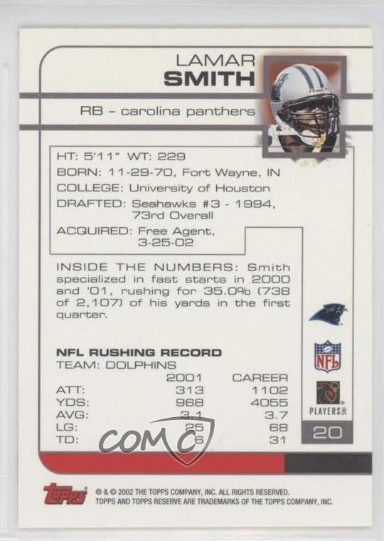 2002 Topps Reserve Lamar Smith #20 - Image 2 of 2