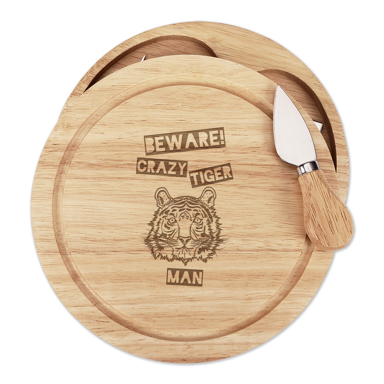 Beware Crazy Tiger Man Cheese Board Knife Set Funny Animal