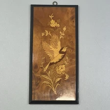VTG Notturno Intarsio Wood Marquetry Wall Plaque Flying Bird and Flowers Design