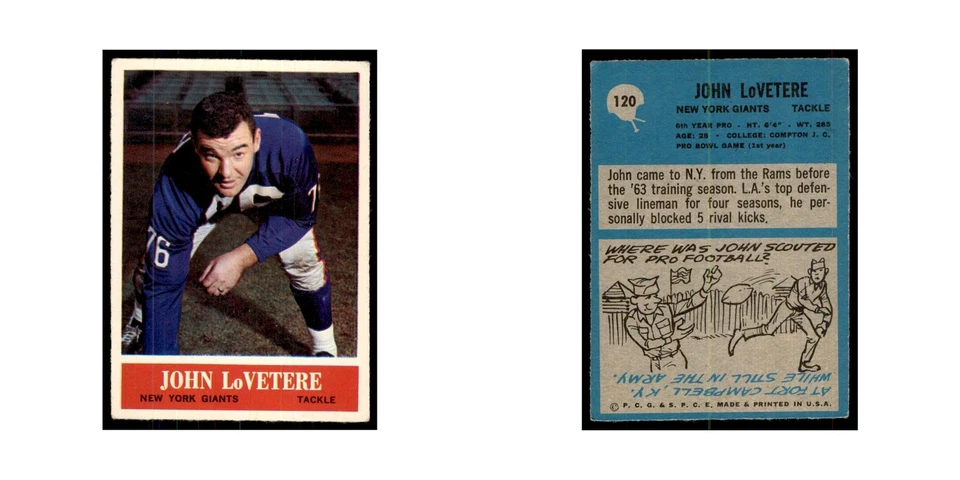 1964 Philadelphia John LoVetere Football Cards #120 - Image 3 of 3