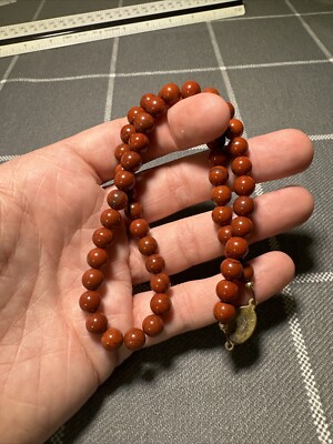 Vintage Asian Export Red Jasper Bead Necklace 18  Silver Clasp