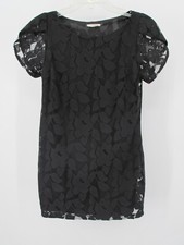 AUDREY 3+1 Mini Dress Women Size Small Floral Black Lace Overlay Short Sleeve