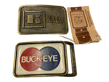 PAIR 2 VTG AGRICULTURAL BELT BUCKLES KALO LABS BUCKEYE FEEDS