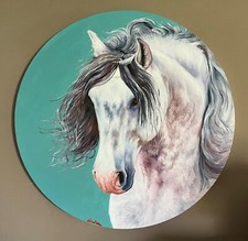 Original Equine Oil Painting On Canvas Gray Andalusian Horse Art 16 Round Canvas