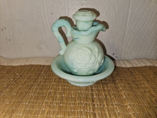 Vintage Avon Victoriana Rose Pitcher & Bowl Faux Jadeite Green Glass Vanity Set - Picture 2 of 9