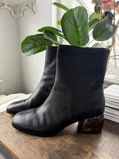 eltan Rayven Leather Tortoise Block Heel Booties Black Size 10 M