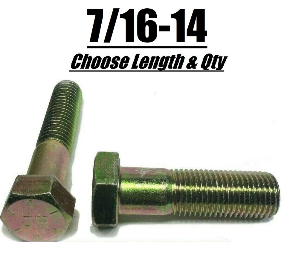 REDDING FASTENERS 7/16"-14 Hex Cap Screws - Zinc Plated Steel Hex Bolts - Grade 8 - Select Size