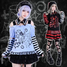 kawaii harajuku poltergeist cat Off-shoulder sleevelet tee w/ choker JJ2474