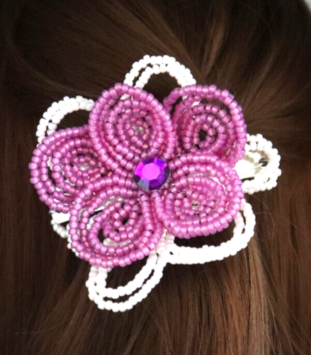 SPANGE HAND PERLEN FRANZÖSISCHE HAARSPANGE BLUME HAARSCHMUCK 3" X 3" GROSSE PFLAUME - Bild 3 von 5