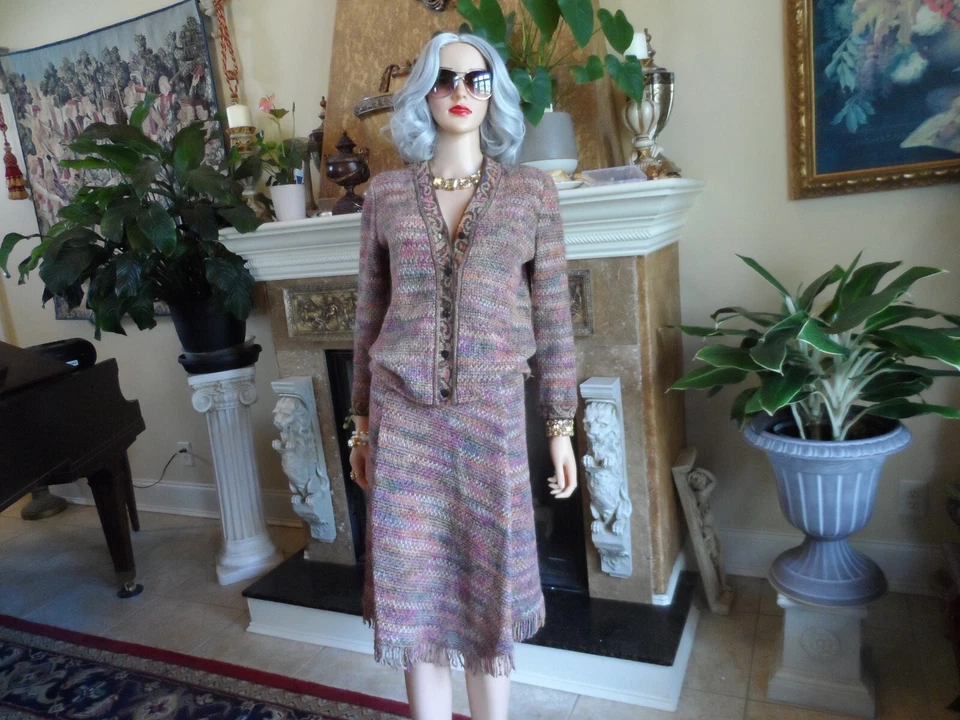 Traje Falda Tejido Lana-Mohair Multicolor Marrón Missoni con Flecos Talla IT 42- US 6 Foto 2 de 4