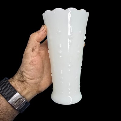 Anchor Hocking Milk Glass Vase White Tear Drop Pearl Dot Scalloped Edge Vintage