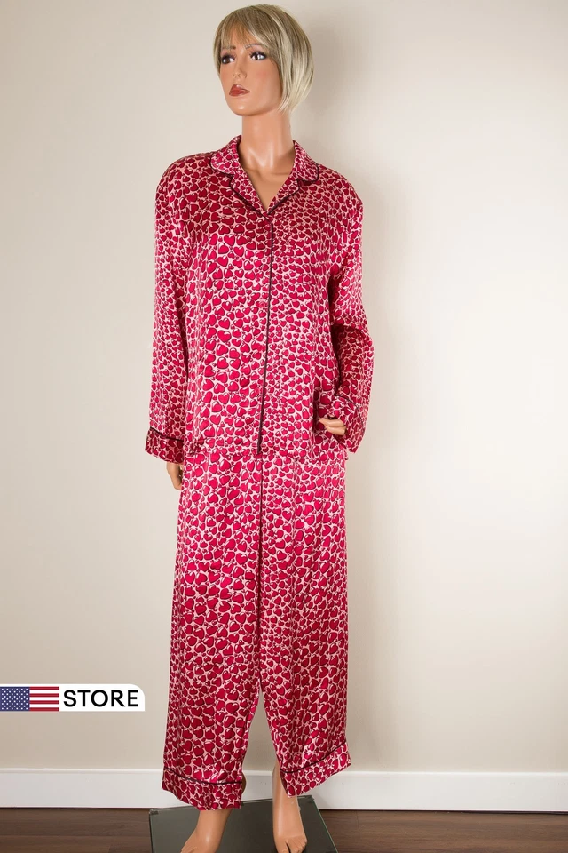 💖 Conjunto de pijama NICK & NORA corazón rojo 100 % seda manga larga pijamas pantalones M/camisa L Foto 2 de 4