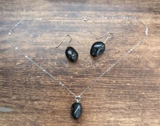 Ladies Unisex 925 Sterling Silver Black Gemstone Dangle Earrings Necklace Set