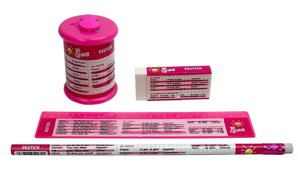 ITSISA Schreibset Pink Spickzettel DEUTSCH - Spitzer, Bleistift, Radiergummi, Lineal