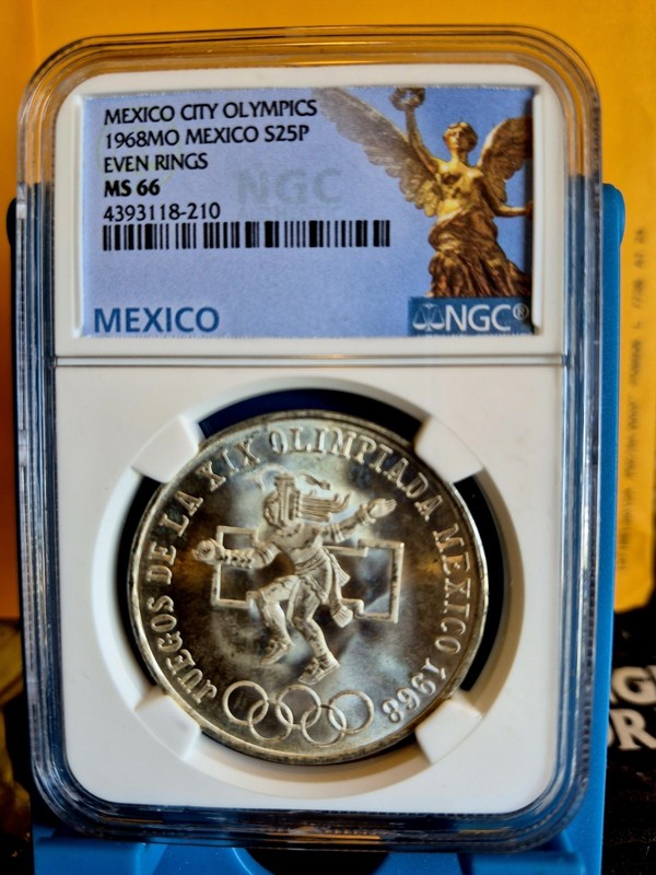 1968Mo Mexico Silver 25 Pesos NGC MS66 Even Rings Mexico City Olympics
