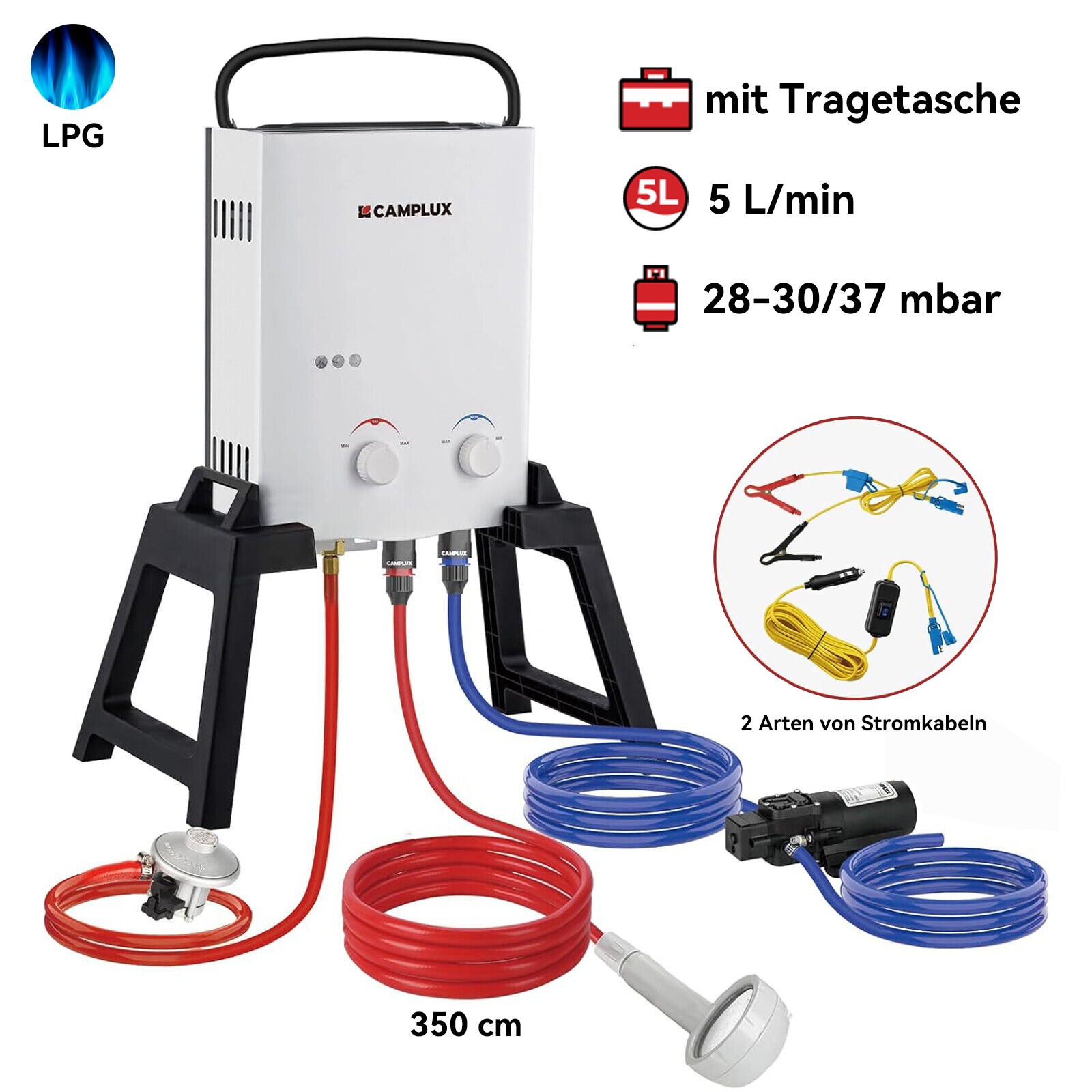 CAMPLUX LPG Calentador de agua continuo con soporte y bomba de agua 12V 4,3L para ducha de camping