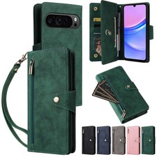 Zipper Wallet Case Strap Leather Cover For Google Pixel 10 9 8 7 6 Pro 9A 8A 7A