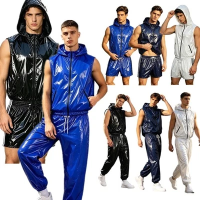 DE Herren Traininganzüge Kurz Wetlook Plastik Hoodie Tank Top Shorts Strampler - Bild 1 von 4