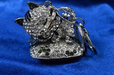 Kitty Cat Rhinestone Keychain Glitter Silver Charm Clip On Keyring Jewels Bling