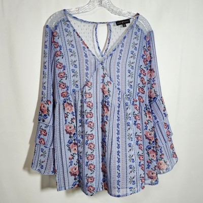 Almost Famous Women's Size 1X Long Bell Sleeve Blue Floral Blouse Semi Sheer