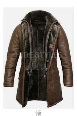 Men s Brown Shearling Leather Coat Sheepskin Fur Collar Winter Jacket