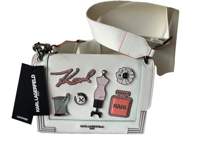 NWT $298 KARL LAGERFELD PARIS WHITE LEATHER CROSSBODY WITH PINS LIMITED EDITION
