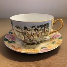 Vtg Geisha Satsuma Style Tea Cup Saucer Eggshell Floral Gold Trim Made in China