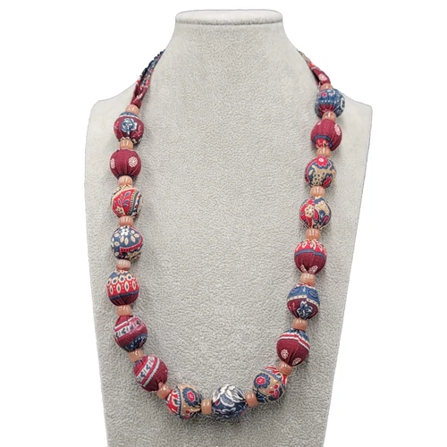 Vintage Fabric Bead Statement Necklace Estate Costume Jewelry 26"