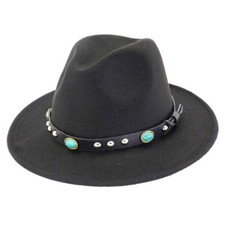 Women Men's Wide Brim Fedora Cap Jazz Panama Hat with Turquoise Leather Belt