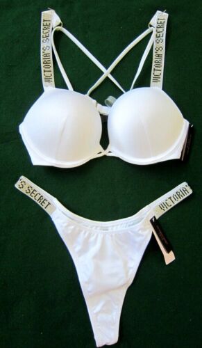 Victoria Secret BOMBSHELL SHINE BLACK LOGO THONG SEXY BIKINI SWIM SUIT 34B S Set