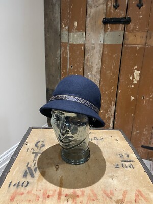 Wool Bowler Hat Navy Blue With Blue Gold Ribbon Royal Elegant
