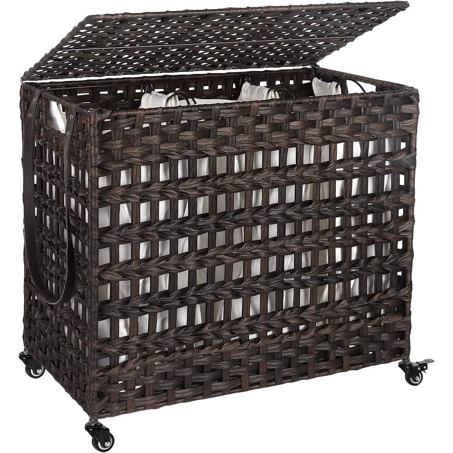 Brown PP Rattan 3-Basket Laundry Hamper Sorter Cart with Removable Cotton Bags for Stylish Organization