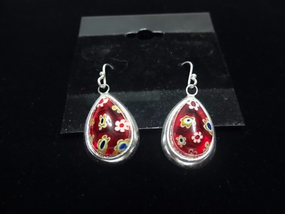 STERLING SILVER TEAR-DROP RUBY COLORED  EARRINGS WITH FLOWERS ON FRENCH WIRES 