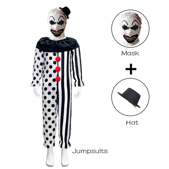 Nouveau Film D’Halloween Terrifier Joker Cosplay Combinaison Le Masque De Clown Horreur Blanc Noir Body Mascarade Fête Carnaval Tenue