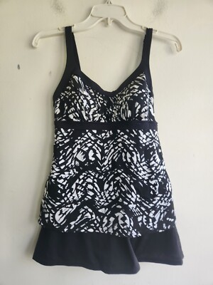 NWT Carribean Joe Women Bene Fits Black/White 1 Piece Swimsuit Skirt size 10