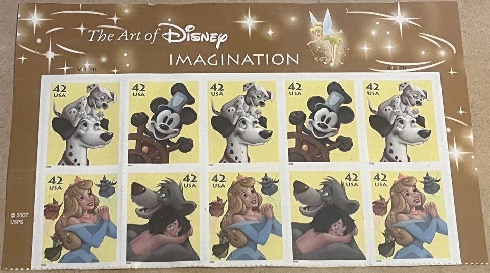 Art of Disney Imagination 2008 Stamps Top Plate 10 Mint Unused USPS 2007 Framed - Image 2 of 3