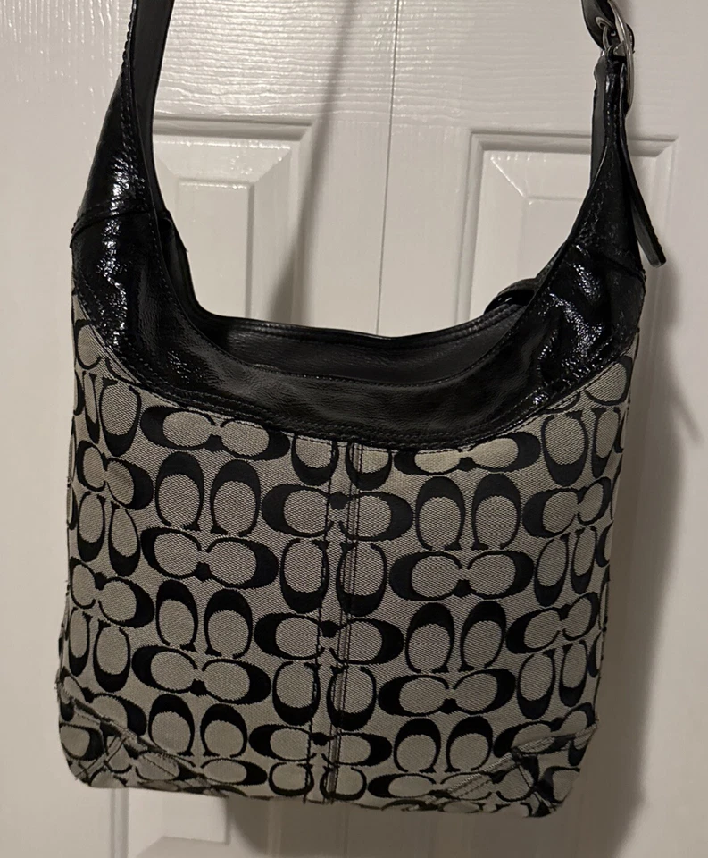 Coach Sophie Logo Patent Leather Gray Black Zip Crossbody Hobo Bag Purse # 12568 - Image 3 of 4