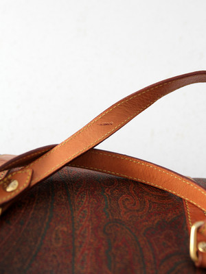 vintage Etro handbag, paisley leather mini duffle purse, brown