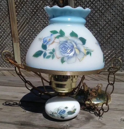 Vintage Floral Milk Glass Hanging Ceiling Light Swag Lamp
