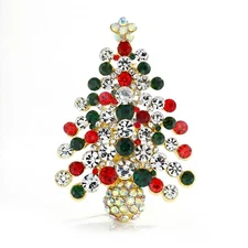 Colorful Christmas Tree Brooch Pin for Women, Multicolor Glass Stone Holiday
