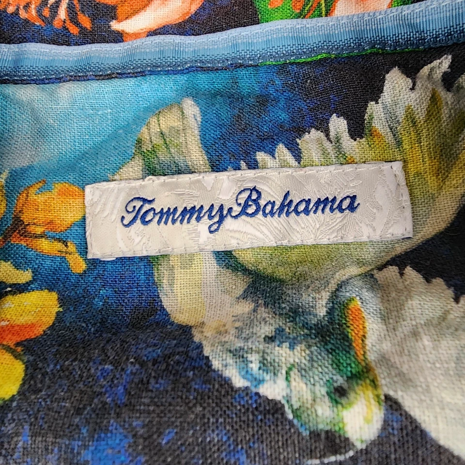 Tommy Bahama Shirt Mens Medium Green Blue Palm Bird Parrot Linen Artist Series - Image 2 of 4