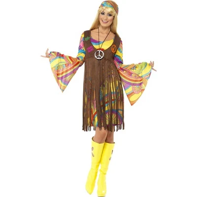 AMAKANDO Buntes Hippie Outfit Weste mit Fransen neon 60er Jahre Kostüm Kleid Blumenkind