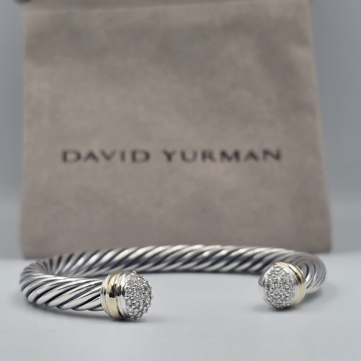 David Sterling Silver 7mm Cable Cuff Diamond Tips & 18k Gold Bracelet View 2