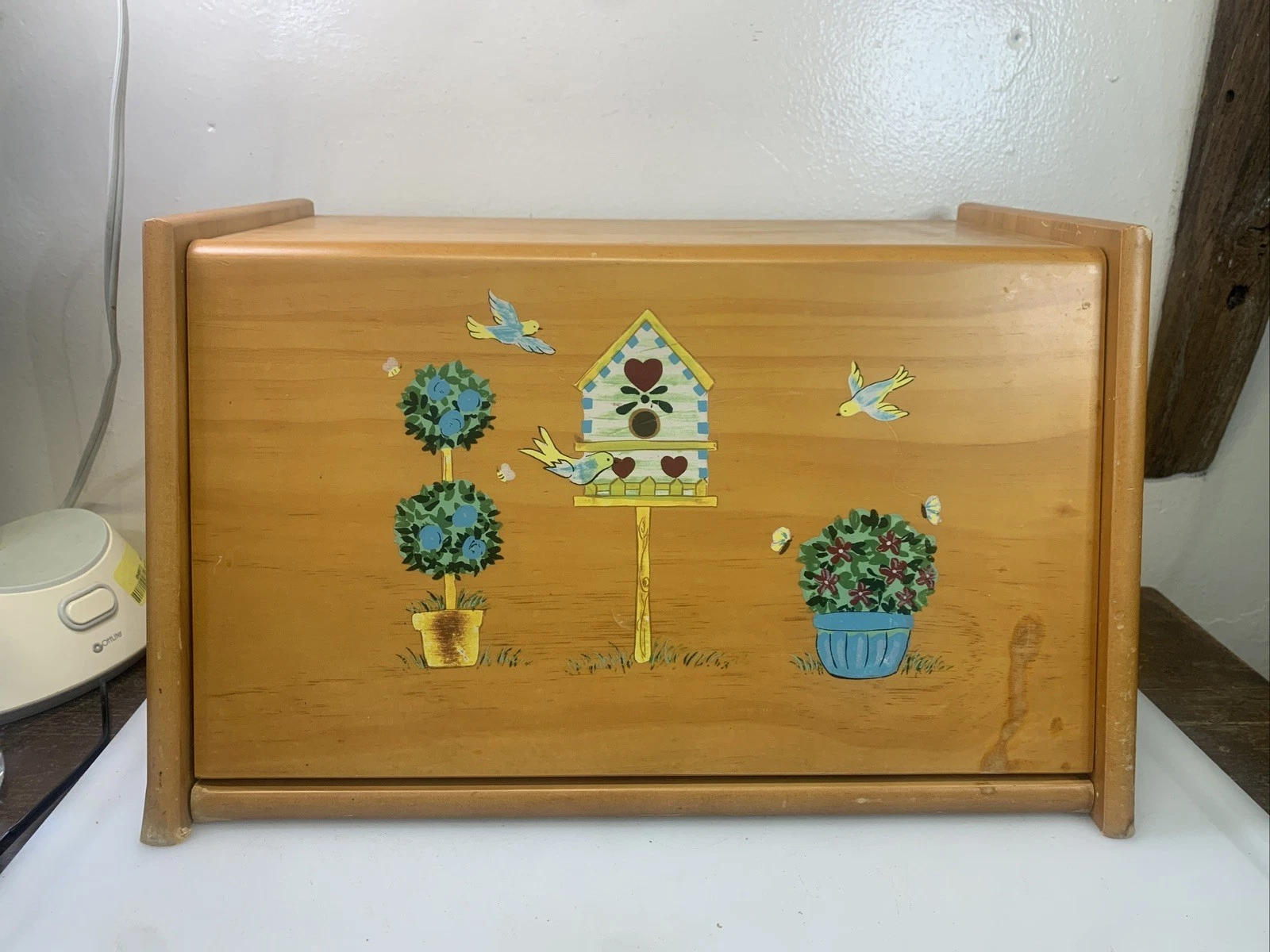Vintage Wooden Bread Box Drop Door 15 5/8”W x10”D x9 1/4”H~1960’s bird painting