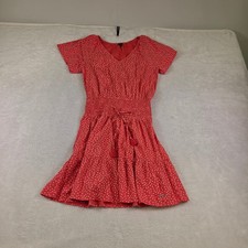 Nautica Red Floral Smocked Waist Tiered Mini Dress Short Sleeve Tassel V-Neck S