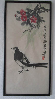 Elster unter Blütenzweig mit Signatur China Tusche kein Druck magpie painting