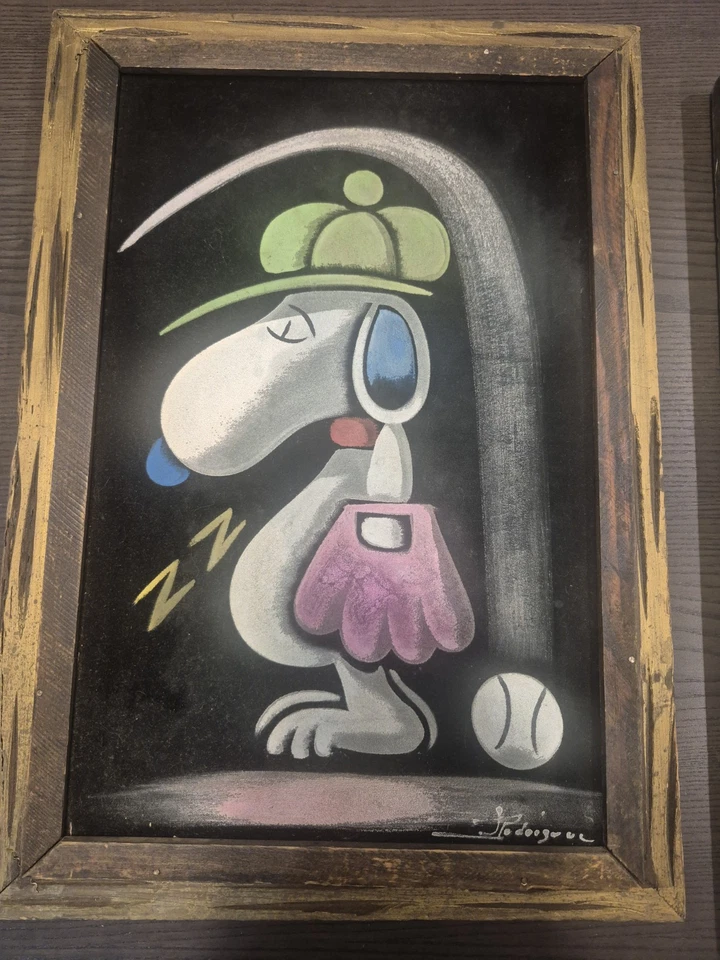 Lienzo de terciopelo de baloncesto Charlie Brown Snoopy vintage años 70 pintura al óleo Foto 2 de 2