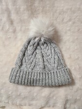 GAP Kids Grey Warm Cozy Faux Fur Pom Pom Knit Beanie Hat for Girls Size L/XL